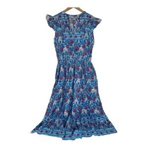 Bindu Sz M Maxi Dress Floral Purple & Blue Tiered Smocked Waist Ruffle Sleeves